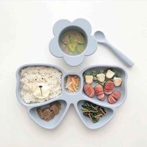 ROCOU罗可韩系高端婴幼儿辅食蝴蝶餐盘花朵碗勺子硅胶餐具套装