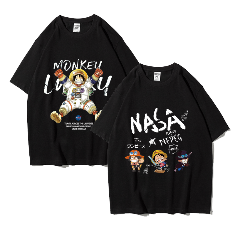 nasa联名海贼王短袖T恤男女路飞情侣装动漫潮流纯棉宽松定制半袖t