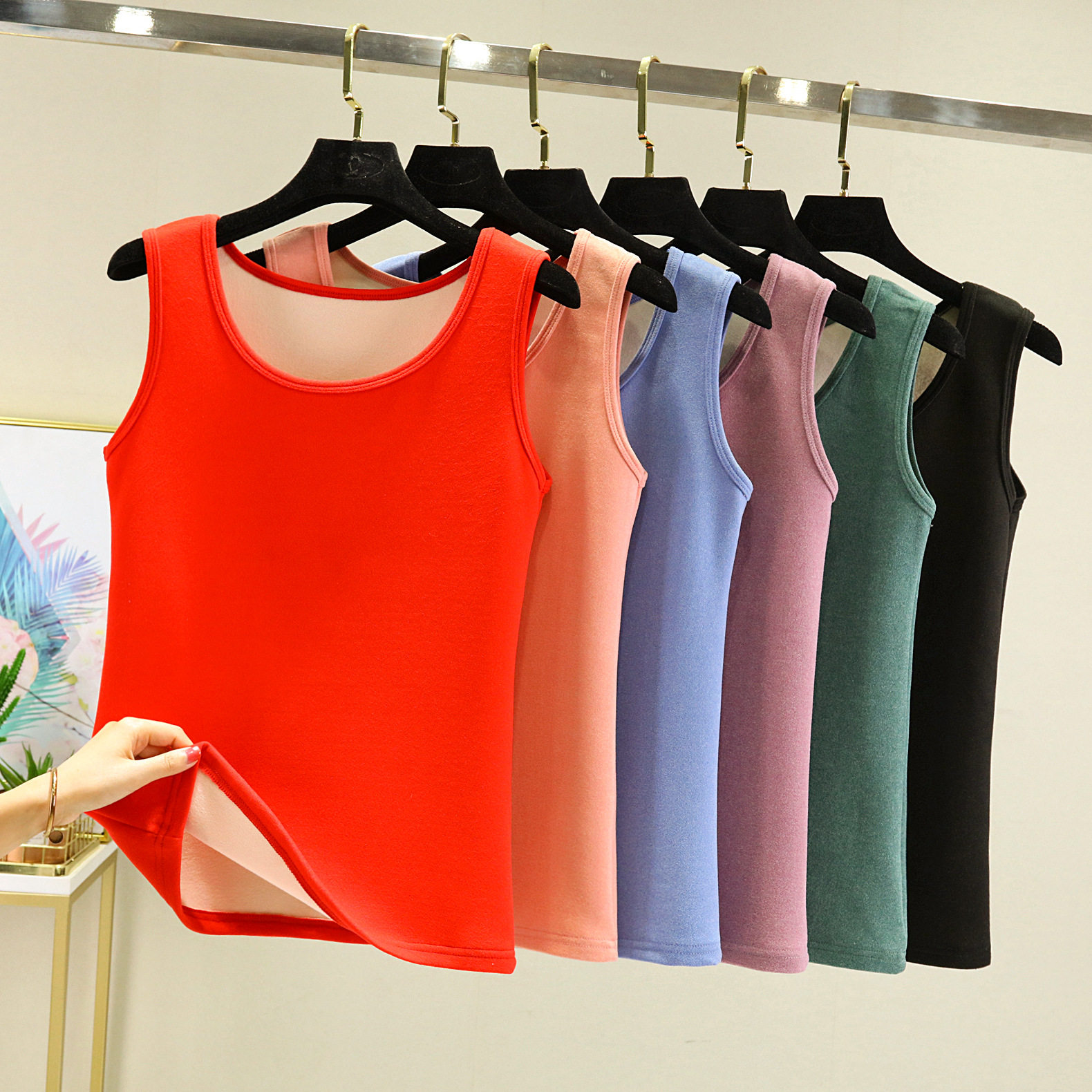 双面绒背心女秋冬加绒加厚圆领内搭秋衣大码磨毛保暖打底衫上衣