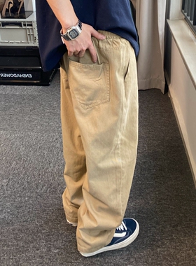 春秋hiphop裤子男款美式复古直筒裤休闲长裤日系卡其色工装裤男生