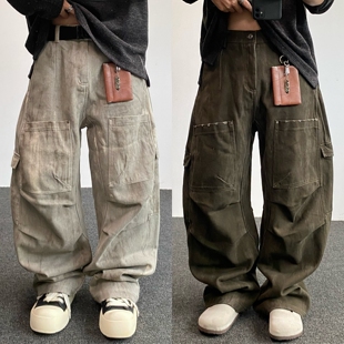 冬季美式潮牌加绒加厚水洗做旧弯刀工装裤男直筒宽松阔版休闲长裤