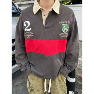 vintage古着撞色橄榄球polo卫衣男阔版宽松重工翻领刺绣休闲上衣