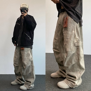 冬季美式水洗做旧多口袋加绒工装裤男直筒宽松阔腿休闲弯刀长裤潮