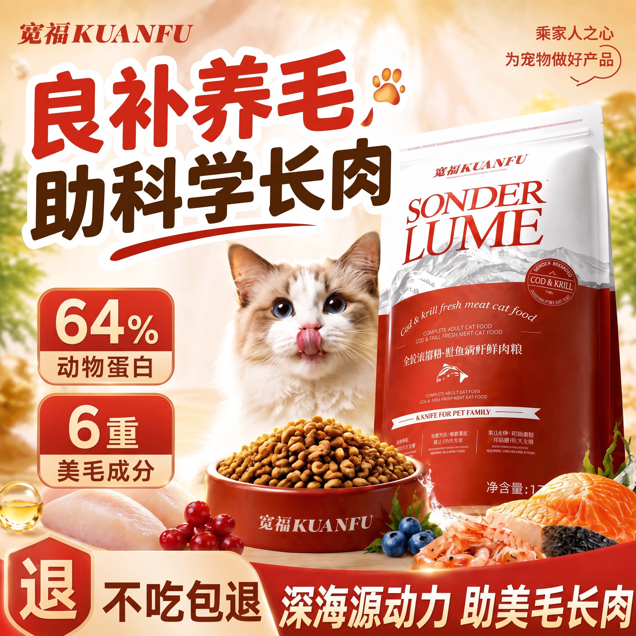 宽福鳕鱼磷虾鲜肉膨化猫粮高含鲜肉成幼猫通用全价营养型粮食包gb