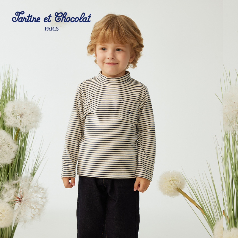 tartineetchocolat法国巧克力童装25新款男童半高领刺绣长袖T恤
