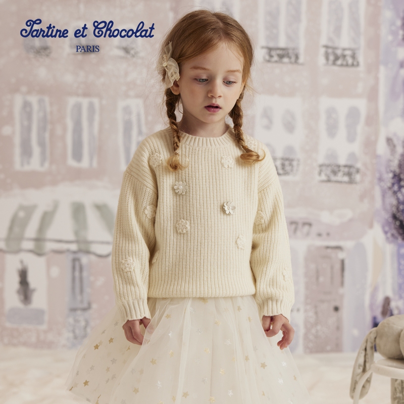 tartineetchocolat法国巧克力童装秋冬新款女童套头立体花毛衣