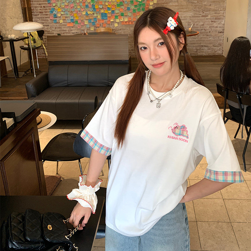 夏季国潮牌格子贴布绣短袖T恤图片