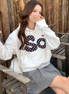 KHIAN SOON秋冬季美式波点爱心贴布绣加绒连帽卫衣女短款上衣帽衫