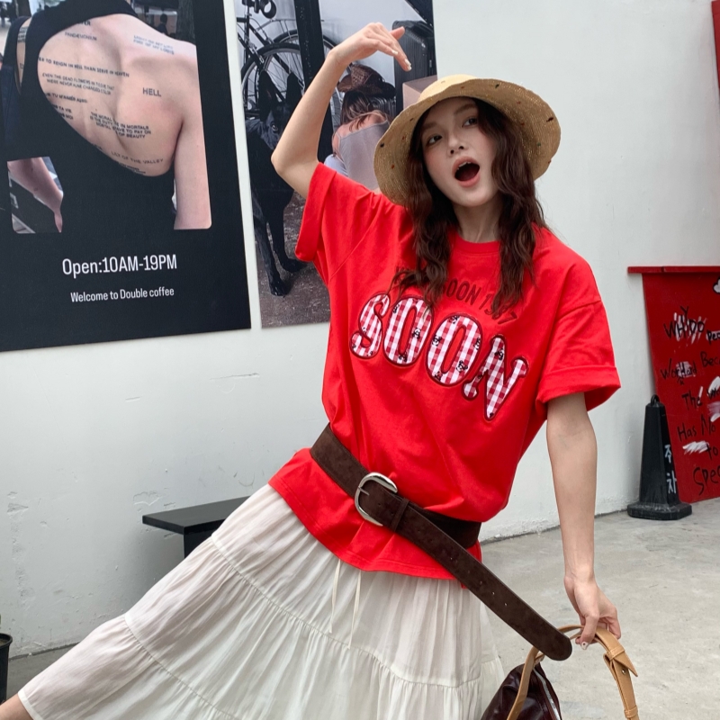 美式熊猫贴布绣字母短袖女T恤