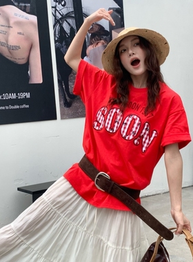 KHIAN SOON夏季国潮牌美式熊猫贴布绣字母宽松套头纯棉短袖女T恤