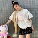 KHIAN T恤女宽松百搭 SOON美式 复古国潮甜美绣花蕾丝猫咪圆领短袖
