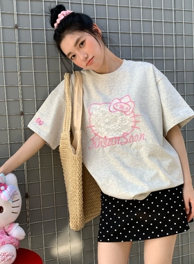 KHIAN SOON美式复古国潮甜美绣花蕾丝猫咪圆领短袖T恤女宽松百搭