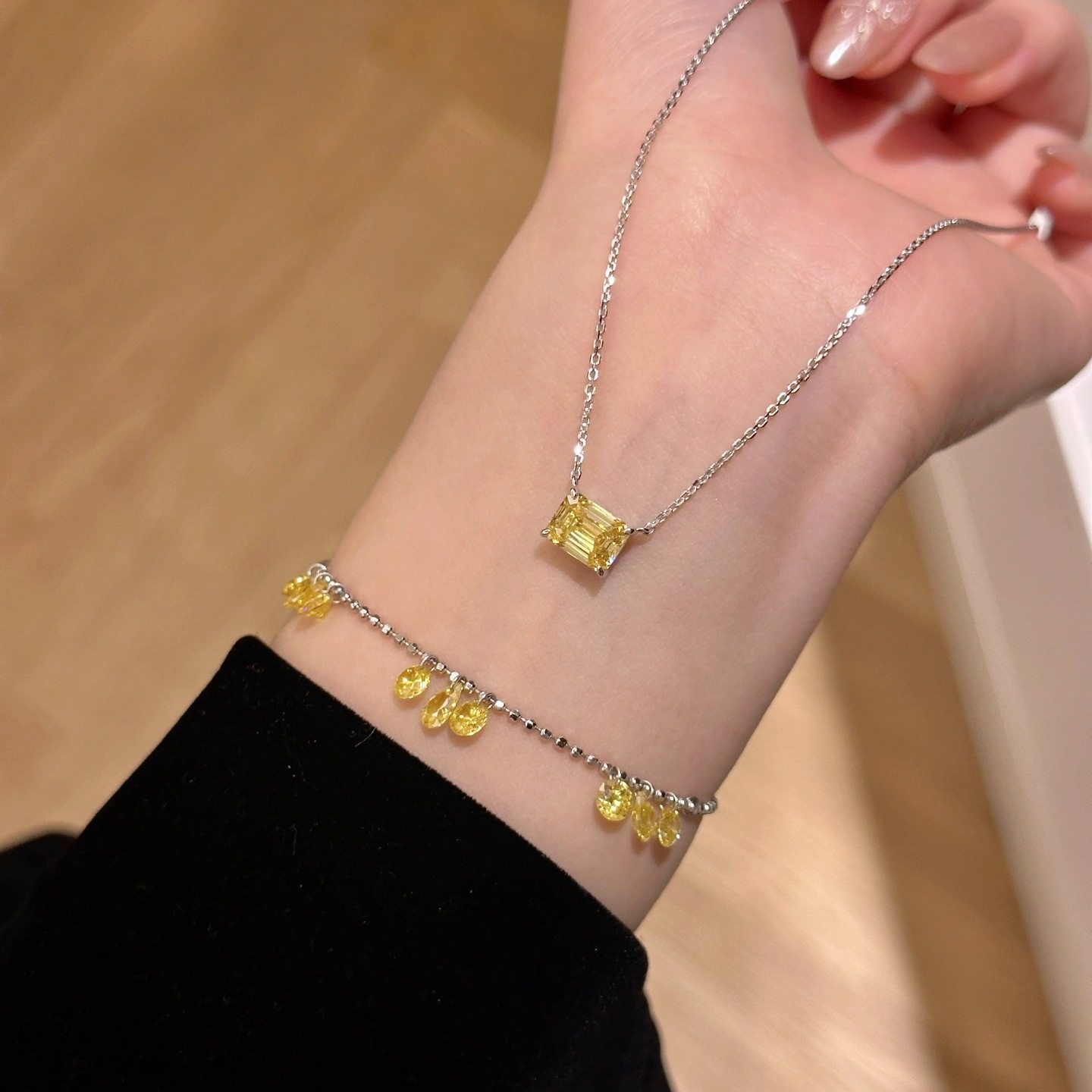 S纯银优雅轻奢珠宝黄钻小冰糖项链招财黄钻名媛高碳钻锁骨链女