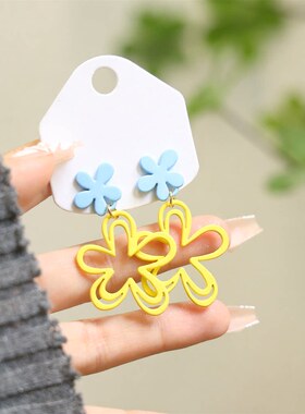 镂空黄色花朵夸张吊坠耳环小众设计感可爱高级耳钉夏季甜美风耳夹
