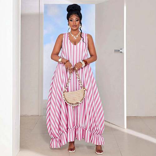 Plus Size Women's Summer Beachwear Beach Casual Striped Long