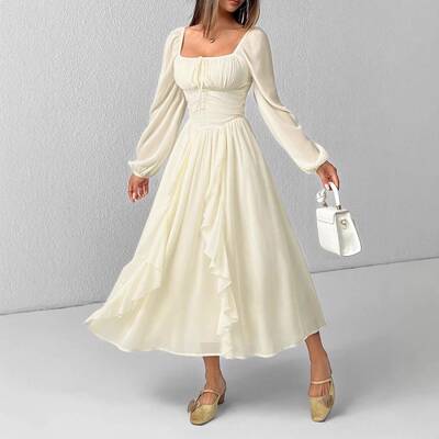 Women's Ruffle Lantern Sve Long Sve Cute Slim Dress Autumn