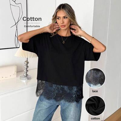 Lace Hem Loose Fit T-Shirt Casual Loose Tee Elegant Casual