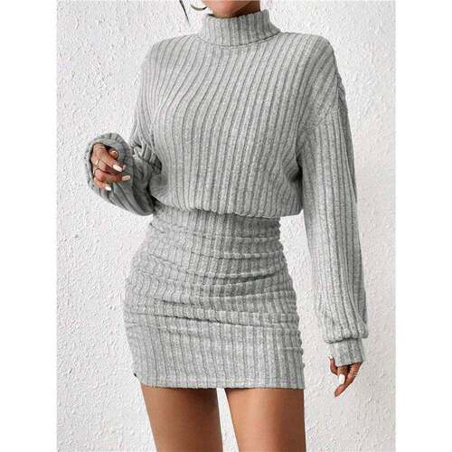 Women's Pullover Sweater Dress Long Lantern Sleeve Turtle