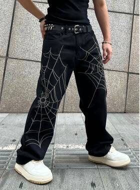 Men's Y2K Baggy Jeans with White Spider Web Embroidery