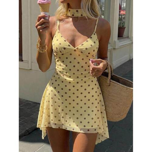 Summer Women's Polka Dot Mini Dress Halter V Neck Thin