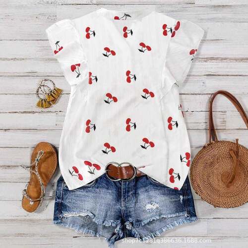 Cherry Print Blouse Casual Short Sleeve Top for Summer