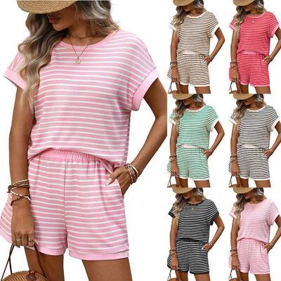 Katch Me Chic Women's Slouchy Stripe Round Neck Short Sleeve