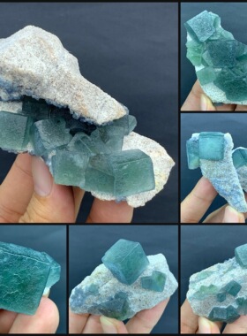 莫兰迪萤石 立方体蓝绿色萤石石英共生 天然矿物晶体矿石标本收藏