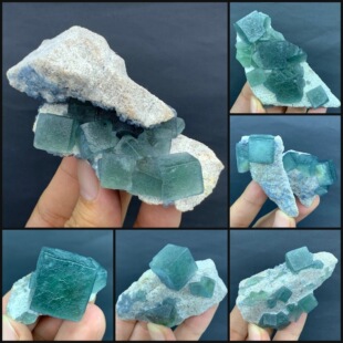 莫兰迪萤石 立方体蓝绿色萤石石英共生 天然矿物晶体矿石标本收藏