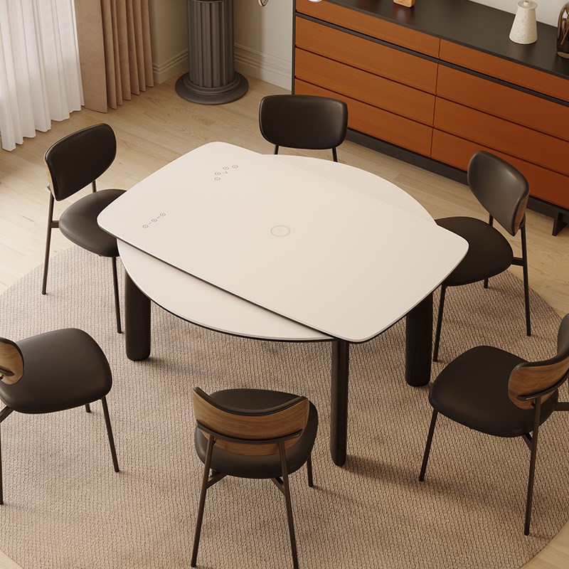 优选岩板餐桌可变圆桌家用伸缩饭桌子带电磁W炉小户型多功