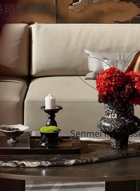 优选新中式中古样板间售楼处黑色琉璃花器烛台泡茶U具茶几组合摆