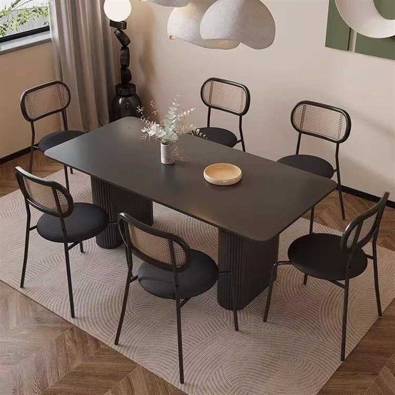 优选法式覆古岩板餐桌现代t简约黑色长方形餐桌椅轻奢法式奶油风