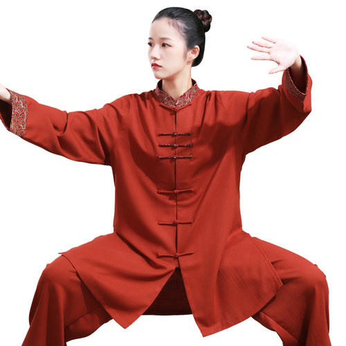 新品太极服女新款棉麻撞色领v武术服男表演服练功服太极拳服装春