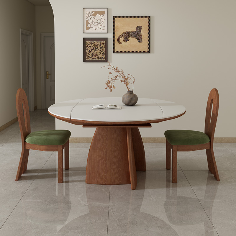 优选中古风白蜡木k实木岩板可伸缩餐桌方桌可变圆桌客厅小户型吃