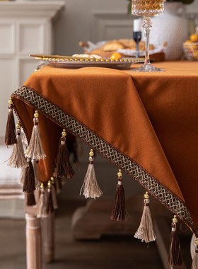 优选高端美食桌布高级感欧式绒布台布H大气奢华复古橘黄色定制餐