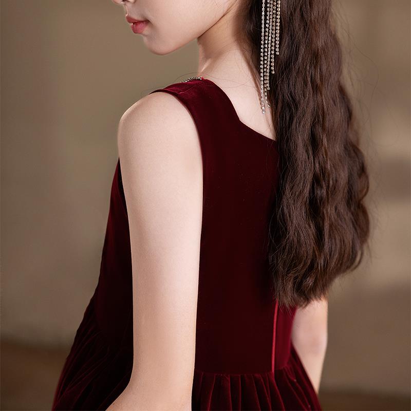 新品儿童礼服公主裙高端红色丝绒主E持人女童钢琴演奏礼服裙秋冬图片