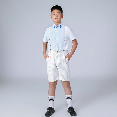 新品胖童礼e服男童夏季加大加肥中大童演出服主持人背带裤套装儿