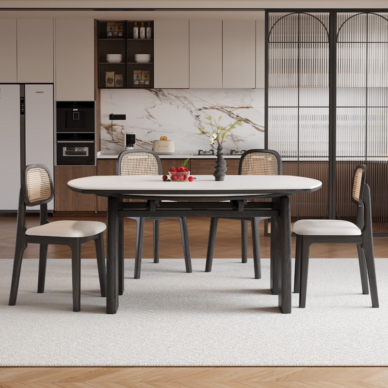 优选法式实木岩板餐桌可伸缩现代简约F方圆两用家用小户型折叠可