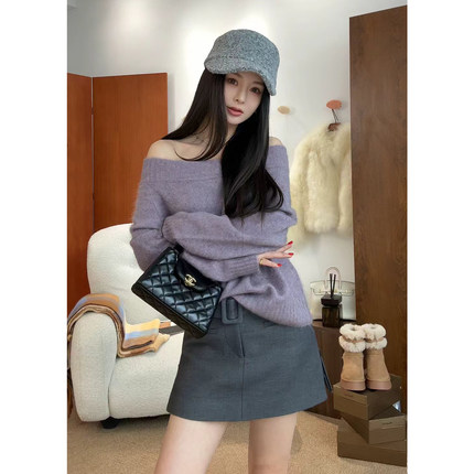 01/06 10AM徐琳「氛围美神」一字领露肩绵羊毛混纺拉绒氛围感毛衣