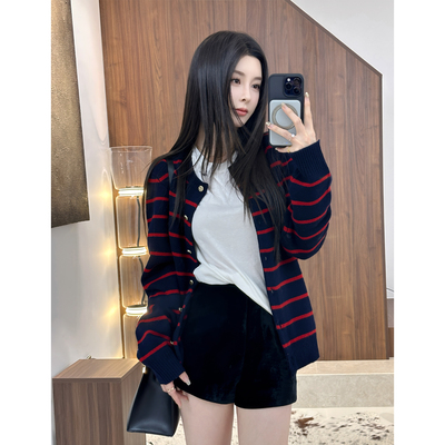 徐琳mini条纹撞色针织开衫外套