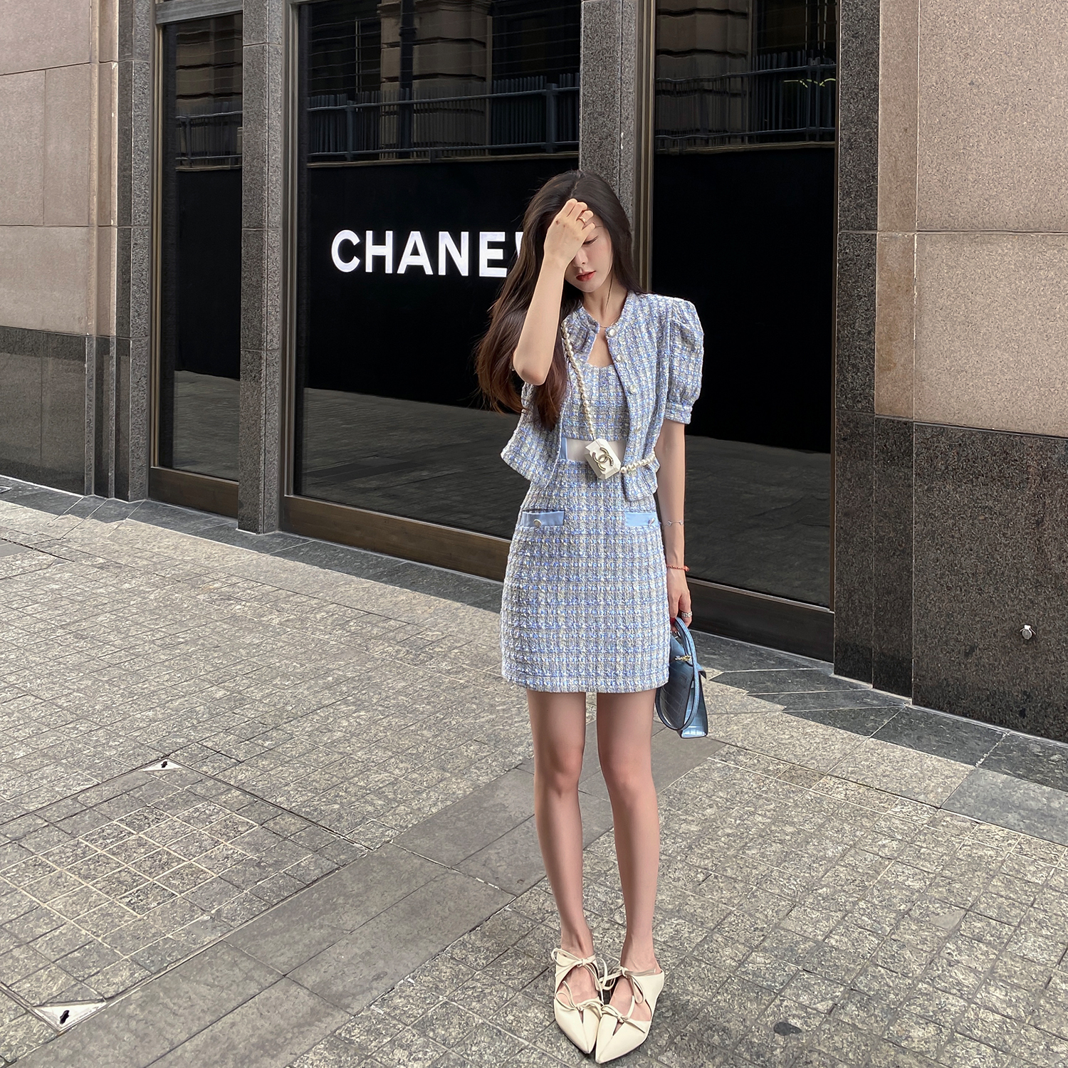 小香风连衣裙min撞色吊带徐琳