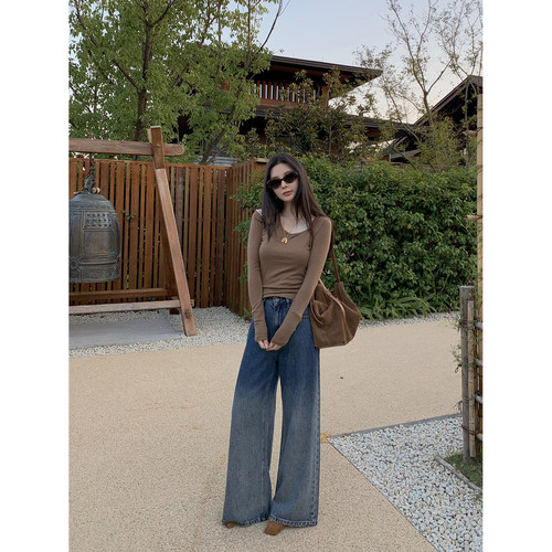 MINI STUDIO 徐琳「画报牛仔」廓形高腰渐变水洗蓝阔腿裤牛仔裤子