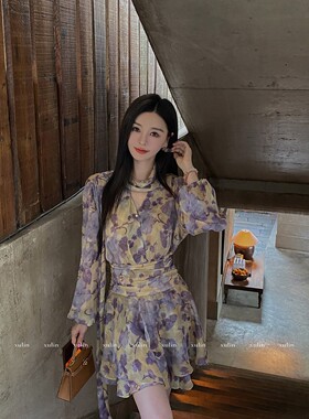 MINI STUDIO徐琳「仲夏如梦」压褶收腰雪纺碎花连衣短裙