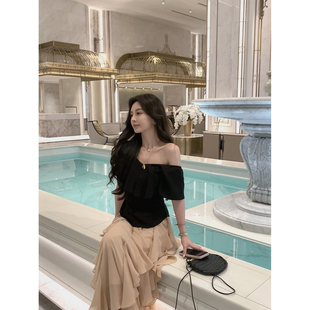 气质上衣tee 优雅」荷叶边一字肩翻领拼接收腰修身 MINI 徐琳「赫式