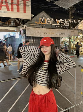 MINI STUDIO徐琳  「海盐奥利奥」韩系撞色横条纹短款长袖上衣