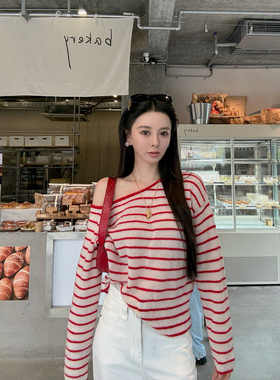 MINISTUDIO徐琳「韩女舒适区」斜肩条纹马海毛绵羊毛混纺针织上衣