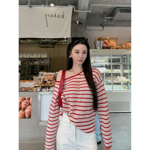 MINISTUDIO徐琳「韩女舒适区」斜肩条纹马海毛绵羊毛混纺针织上衣