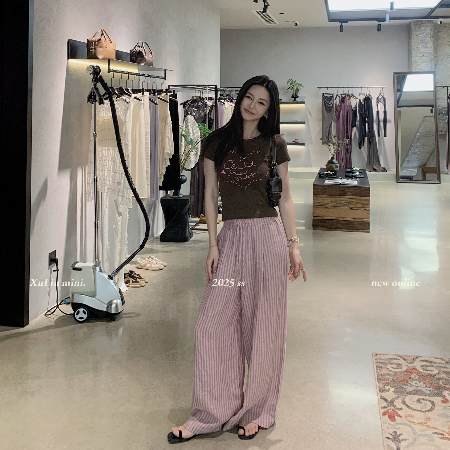 MINISTUDIO徐琳「松弛vibe」慵懒风复古松紧绑带条纹休闲直筒长裤