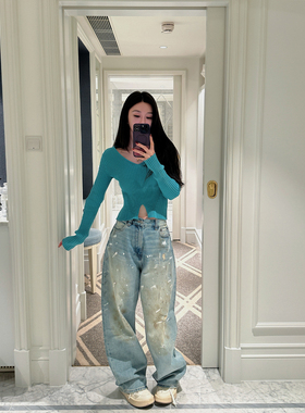 MINI STUDIO徐琳 潮人脏脏裤私服做旧粗糙工业风大廓形牛仔拖地裤