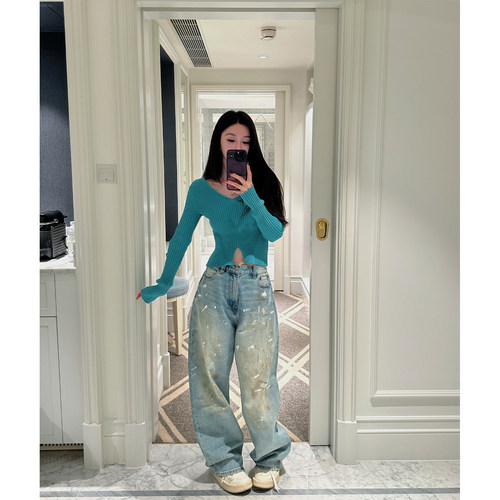 徐琳mini工业风大廓形牛仔拖地裤