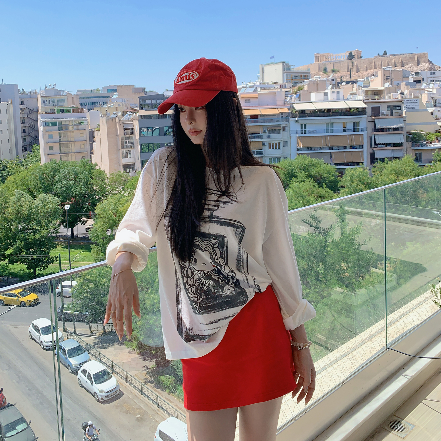 MINI 徐琳「松弛喵酱2.0」显瘦松弛感白色宽松印花基础长袖T恤女